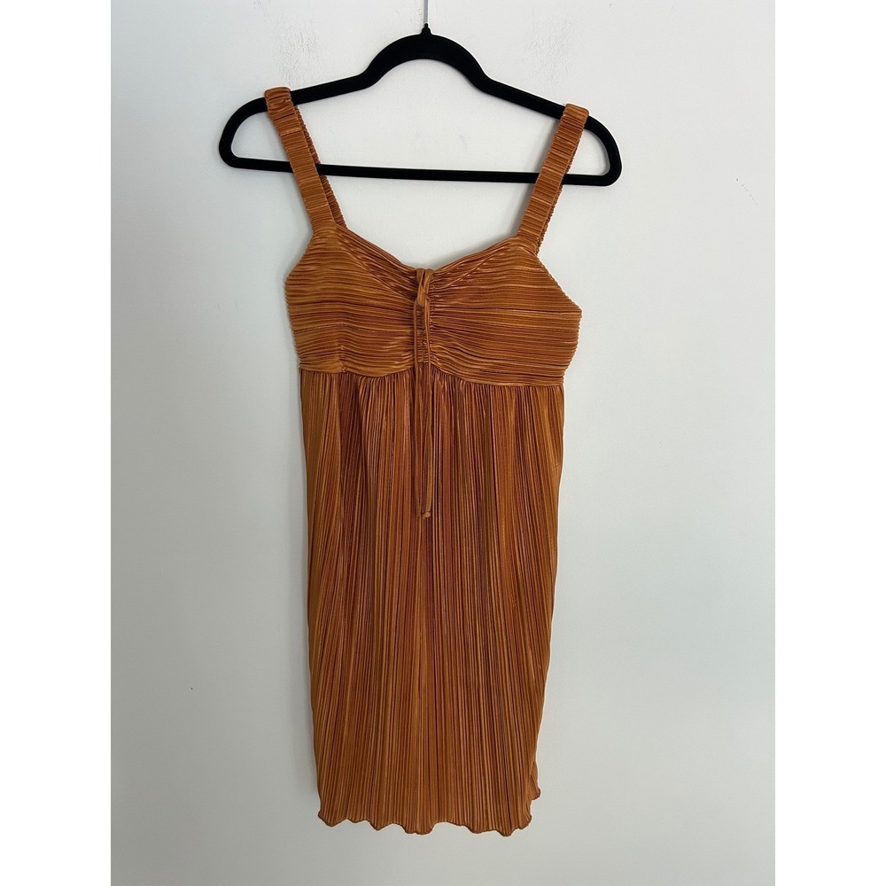 Kirious Womens Pleated Mini‎ Dress Copper Bronze Accordion Stretch Size Large